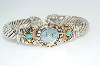 Samuel B Bjc Sterling 14k Yellow Gold Diamond Turquoise Hinged Bangle Watch