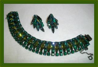 Sherman Emerald & Olive Green - Japanned 1 " Open Work Cluster Bracelet Set Nr