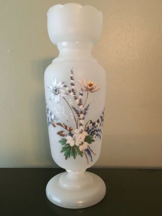 Antique Victorian Frosted White Satin Glass Hand Painted 11 1/2 " Vase