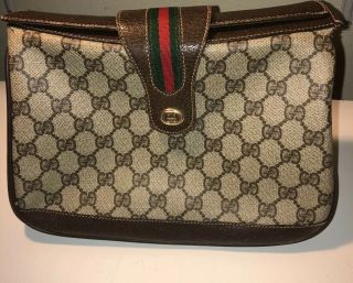 Authentic Gucci Gg Vintage Browns Green Red Clutch Bag Coated Canvas 116 - 02 - 076