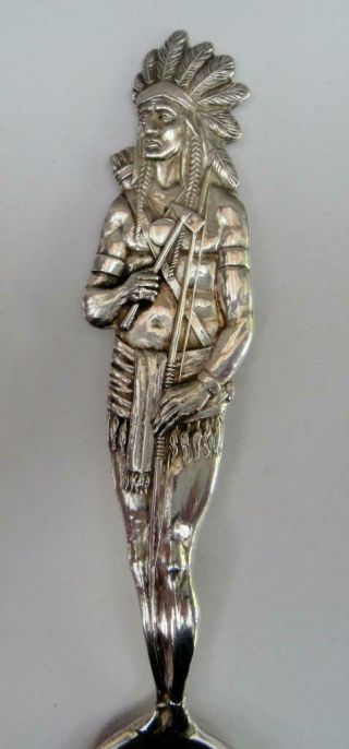 Antique Large Size Sterling Silver Souvenir Spoon Full Figural Indian Handle
