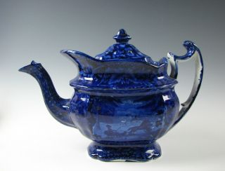 Antique Dark Blue Staffordshire Sleigh Pattern Teapot Circa 1825