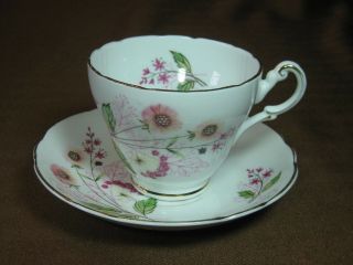 Regency Bone China Cup And Saucer Stylized Flowers With Leaves Gold Trim
