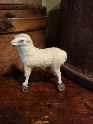 Antique Vintage Putz Sheep On Wheels Wooly German Sheep Christmas Primitive Aafa