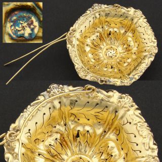 Elegant Antique French 18k Gold On Sterling Silver Vermeil Tea Leaf Strainer