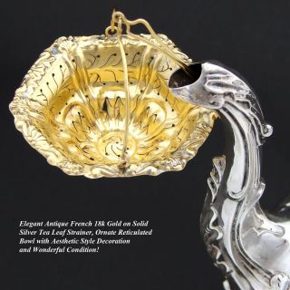 Elegant Antique French 18k Gold on Sterling Silver Vermeil Tea Leaf Strainer 2