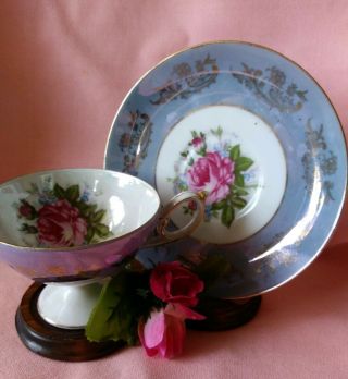 Vintage Royal Halsey Footed Irredescent Blue Tea Cup & Saucer Set Pretty
