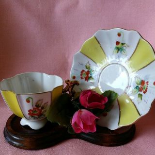 Vintage Ok Yellow & White Floral Demitasse Tea Cup & Saucer Japan Very Pretty