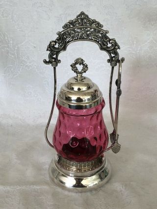 Stunning Antique Cranberry Glass/silver - Plated Pickle Castor And Tongs