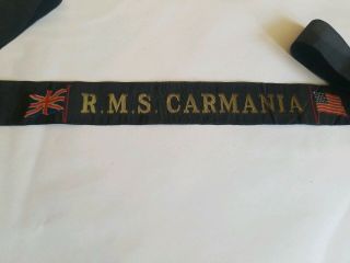 Rare Cap Hat Tally Ribbon RMS R.  M.  S.  Carmania Ship Cunard WWI 1918 2