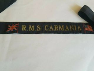 Rare Cap Hat Tally Ribbon RMS R.  M.  S.  Carmania Ship Cunard WWI 1918 7