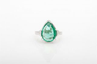 Vintage 1940s $7000 5ct Pear Cut Colombian Emerald Platinum Wedding Ring