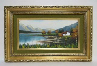 Vintage Landscape Oil Painting O/b By Dana In Ornate Gesso Carved Wood Frame