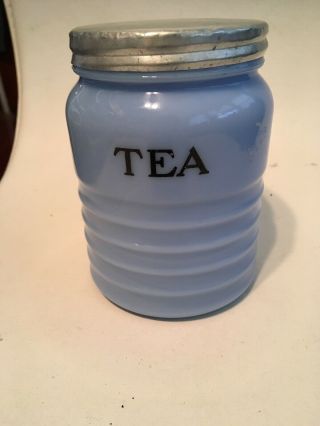 Rare Vintage Jeannette Delphite Tea Canister - Blue Ribbed Glass Jar