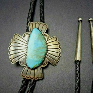 Vintage Navajo Hand - Stamped Sterling Silver Turquoise Bolo,  Black Leather Cord