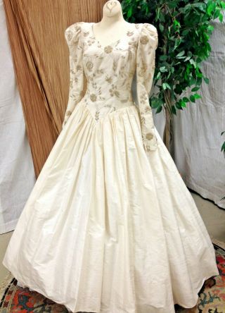 Vintage Embroidered Silk Wedding Dress Bridal Gown Renaissance Faire Sz Medium