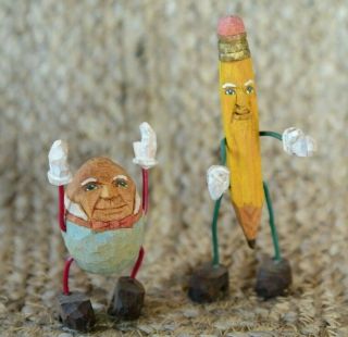 2 Vintage Hand Carved Primitive Country Wood Figurine Humpty Dumpty Pencil Man