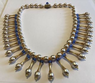 Vintage Miriam Haskell Signed Dangling Pearl & Blue Bead Necklace