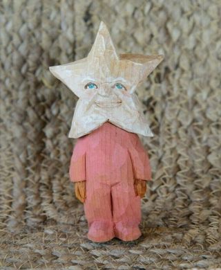 Vintage Hand Carved Folk Art Country Wood Figurine Star Face In Pajamas