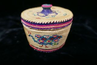 Rare Nootka First People Fine Woven Cabinet / Treasure Basket With Lid