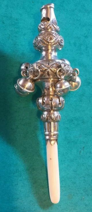 Victorian Sterling Silver Babies Rattle,  Teether With Bells & Whistle.  1891 A523.