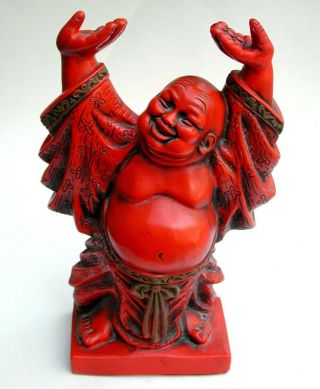 Large And Heavy Vintage Laughing Buddha Statue Red Resin –