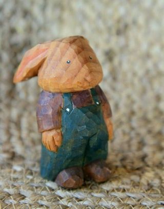 Vintage Hand Carved Primitive Country Wood Figurine Rabbit Bunny In Overalls