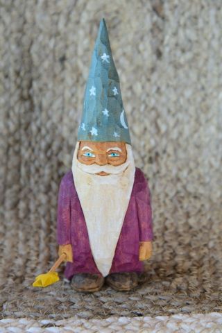 Vintage Hand Carved Folk Art Wood Dumbledore Wizard Gnome Santa W/ Wand Magic