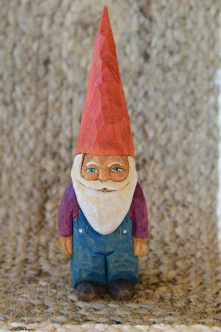 Vintage Hand Carved Folk Art Wood Figurine Wizard Gnome Santa In Overalls