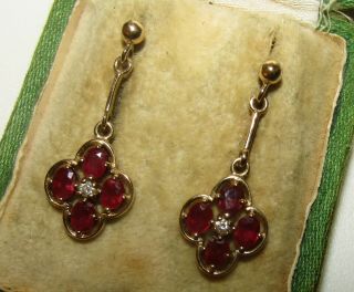 , Vintage,  9 Ct Gold Earrings With Fine Rubies And Diamonds