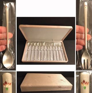 12pc Korean 800 Silver W/enamel Flower 6 Spoon & 6 Fork Set In Presentation Box