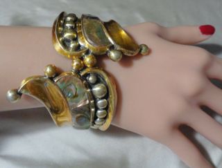 Taxco Balladeres Sterling Criss Cross Bracelet W,  Abalone Shell Gold Gilt Sig