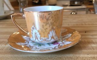 Vintage Teacup And Saucer Unusual Coloring With Gold Inlet And Wild Flowers