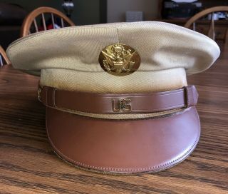 Vintage Ww2 Wwii Us Army Khaki Summer Visor Hat Uniform Badge Headgear Cap Rare