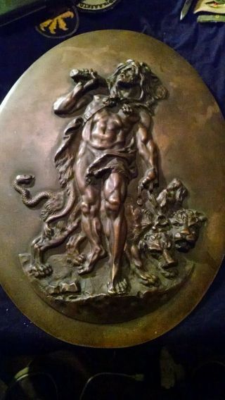 Vintage Heavy Bronze Relief Plaque Hercules Capturing Cerberus
