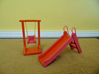 Vintage Wooden Dollhouse Wood Play Set Swing Folding Slide Orange Pink Japan