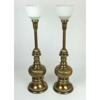 Vtg Rare Pair Stiffel Torchiere Table Lamps Brass Swirl Hollywood Regency 31 "