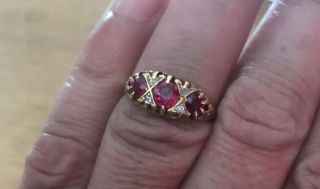 Pretty Victorian 18ct Yellow Gold Ruby And Diamond Boat Scroll Gypsy Ring Hm