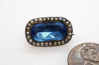 Antique Georgian English 9k Gold Foiled Blue Paste & Seed Pearl Lace Pin C1820