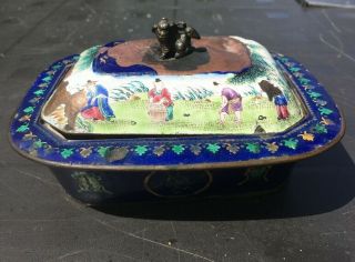 Early C19th Chinese Painted Enamel On Copper Lidded Soap Dish Signed