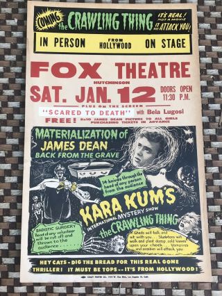 Rare 1950’s Spook Show Colby Poster James Dean Kara Kums Bela Lugosi