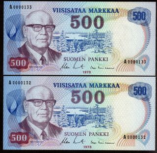 Finland 500 Markkaa 1975 Small Consecutive Numbers Unc/unc - Rare
