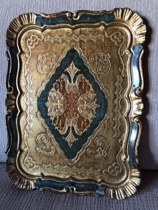 Vintage Ornate Italian Florentine Gold Gilt & Blue Serving Tray 9 " By 11 " Inch