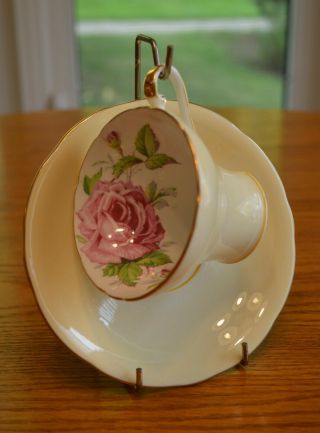 Aynsley Cup And Saucer - Corset Shape - Pastel Yellow With Pink Rose Inside Cup