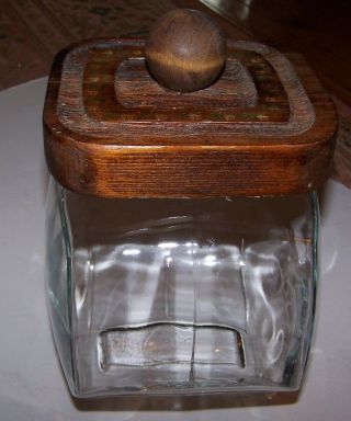 Vintage Glass Storage Biscuit Cookie Jar Container Hand Painted Wood Lid