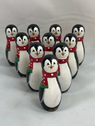Vintage Whimsical Set Of 10 Penguin Wood Bowling Pins Hand Painted