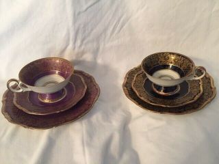 Weimar Tea Cups: 2 Tea Cups With Saucer & Plate.  Purple And Dark Blue/black?.