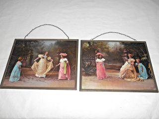 2 - 1899 Tinted Colored Prints Mother Sewing & Young Girls Jumping Rope - Ullman