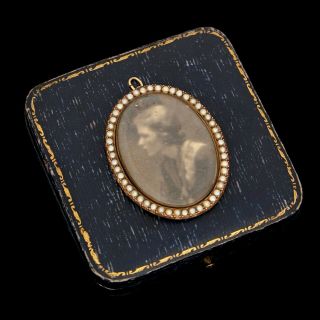 Antique Vintage Georgian 14k Rose Gold Memento Mori Photo & Seed Pearl Pendant