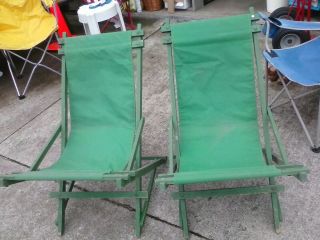 Vintage Pair Wooden Folding Canvas Chaise Sling Lounge Beach Chairs